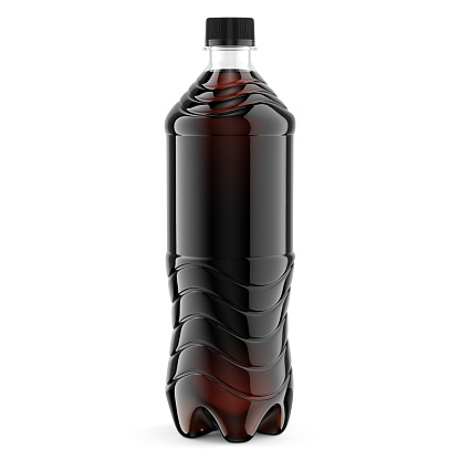 Medium size plastic bottle of coke with black cap isolated on white background. Front view close-up. 3D illustration