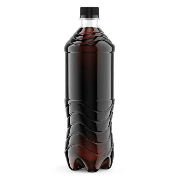 Medium size plastic bottle of coke with black cap isolated on white background. Front view close-up. 3D illustration