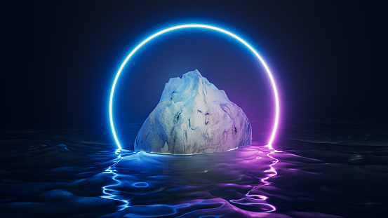 neon circle framing an iceberg in the ocean abstract 3D rendering illustration. Retro futuristic design landscape concept.