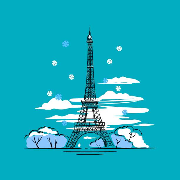 Winter landscape in France. Snowy Eiffel Tower Winter landscape in France with a beautiful view of the snowy Eiffel Tower on a blue background with falling snowflakes. Vector illustration in sketch style. Famous architectural monument of Europe eiffel tower winter stock illustrations