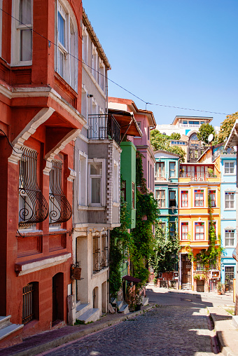 Colorful and bright houses on the streets of Istanbul. Balat district.