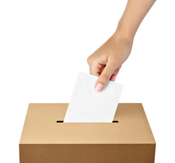 close up of  a ballot box and casting vote on white background