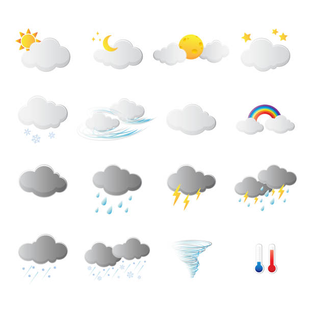 набор значков погоды, знак погоды, символ погоды, значки прогноза погоды с белым фоном. - cumulonimbus stock illustrations