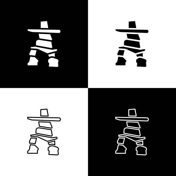 illustrations, cliparts, dessins animés et icônes de définir l’icône inukshuk isolée sur fond noir et blanc. vecteur - canadian culture inukshuk mountain whistler