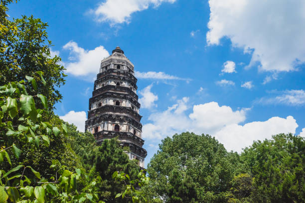 Tiger Hill Pagoda (Pagoda of Yunyan Temple) over trees on Tiger Hill (Huqiu) in Suzhou, Jiangsu, China View of Tiger Hill Pagoda (Pagoda of Yunyan Temple) over trees on Tiger Hill (Huqiu) in Suzhou, Jiangsu, China tiger hill stock pictures, royalty-free photos & images