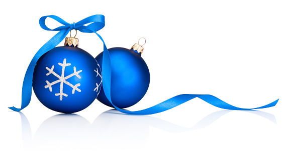 Two blue Christmas decoration baubles with ribbon bow isolated on white background