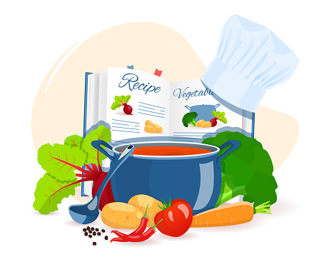 Recipe book, pan with soup, vegetables. Recipes, homemade food, food preparation, learning concept. Isolated vector illustration for flyer, poster, banner.