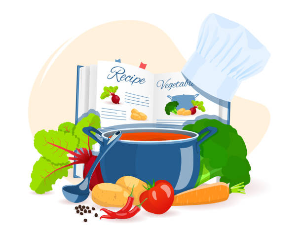 Recipe book, pan with soup, vegetables. Recipes, homemade food, food preparation, learning concept. Recipe book, pan with soup, vegetables. Recipes, homemade food, food preparation, learning concept. Isolated vector illustration for flyer, poster, banner. cooking stock illustrations