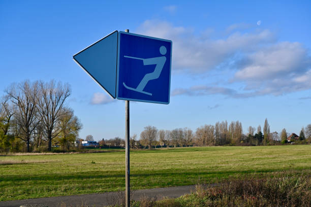Duesseldorf, Germany, December 5, 2020  -Inland navigation signs for a water ski route on the left bank of the Rhine in Duesseldorf at the level of Rhine kilometre 749.