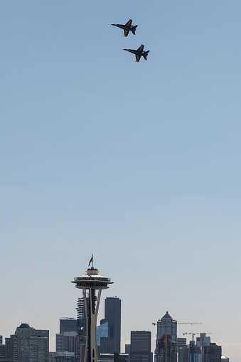 Seattle, USA - August 1, 2019: Jets flying over the city mid day during Seafair.