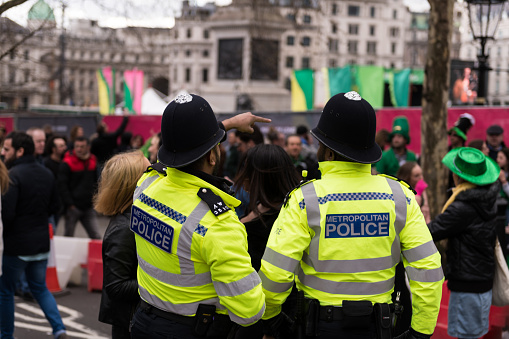 London, UK - Mar 17, 2019: Metropolitan Police at the St Patrick's Day Parade and Festival at Trafalgar Square early in the day.