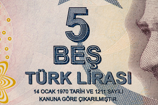 Macro shot of the five turkish lira banknote.