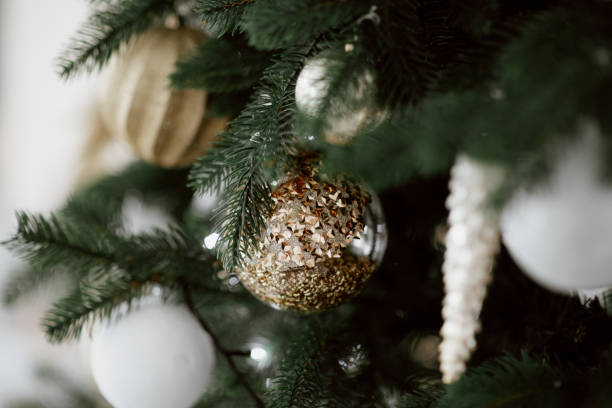 istock Christmas tree festively decorated with balls and toys 1289601024