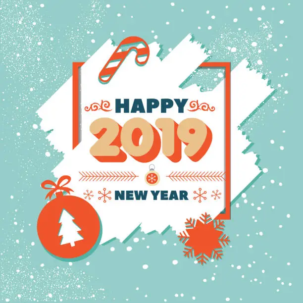 Vector illustration of Greeting card blue 2019 with frame on Christmas theme and inscription Happy New Year. Christmas background with ball, christmas tree, candy. Vintage banner for Happy New Year . Vector Illustration