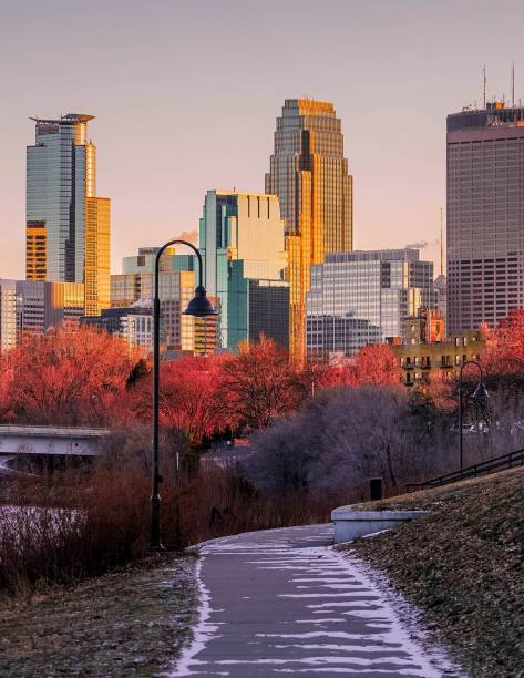 View of the Minneapolis Skyline from a River Walk stock photo