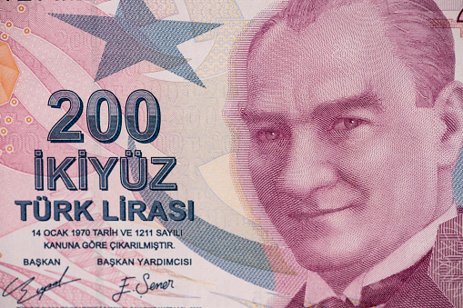 Macro shot of the Two Hundred turkish lira banknote.