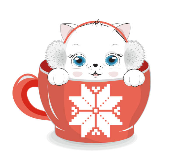 ilustraciones, imágenes clip art, dibujos animados e iconos de stock de gato blanco en taza de copo de nieve - pampered pets audio