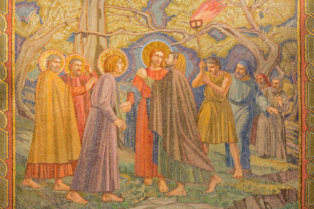 Jerusalem - The mosaic of the betrayal of Jesus in Gethsemane garden in The Church of All Nations (Basilica of the Agony) by Pietro D'Achiardi. Jerusalem - The mosaic of the betrayal of Jesus in Gethsemane garden in The Church of All Nations (Basilica of the Agony) by Pietro D'Achiardi. garden of gethsemane stock pictures, royalty-free photos & images