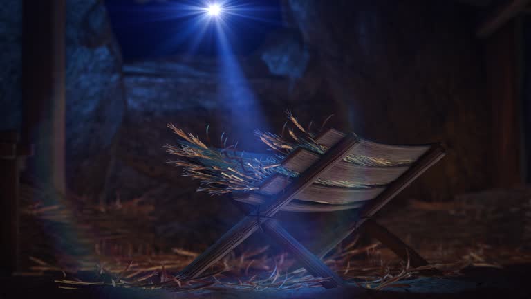 Nativity of Jesus Scene with twinkling stars of Bethlehem with sparkling advent Christmas story