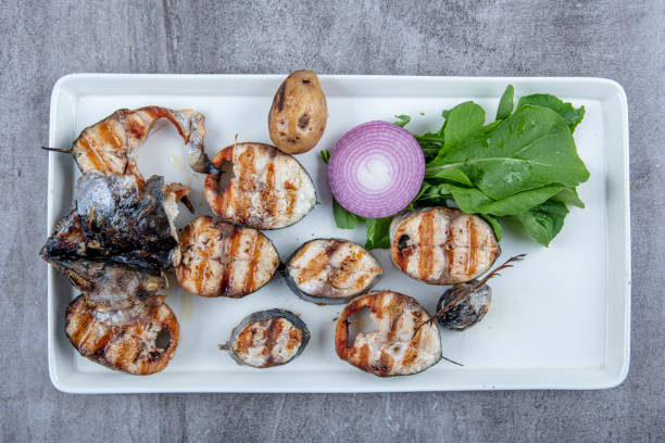 bonito slices lined on a plate. delicious traditional turkish fish dish, bonito grilled. presentation of a wonderful traditional fish dish on a white plate. horizontal close-up shot. - dining nautical vessel recreational boat europe imagens e fotografias de stock