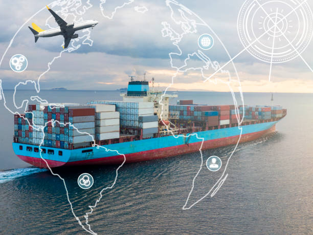istock Cargo ship and cargo plane in the ocean at Sunset sky, Freight Transportation, Shipping 1289607904