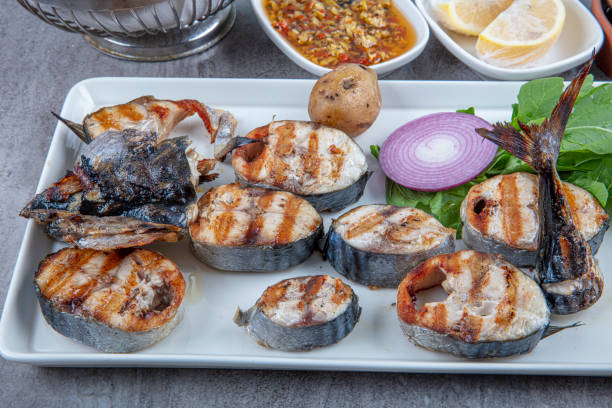 bonito slices lined on a plate. delicious traditional turkish fish dish, bonito grilled. presentation of a wonderful traditional fish dish on a white plate. horizontal close-up shot. - dining nautical vessel recreational boat europe imagens e fotografias de stock