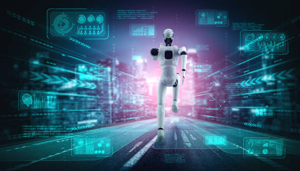 istock Running robot humanoid showing fast movement and vital energy 1289615068