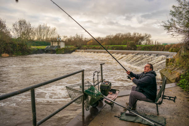Fishing River Don, Aldwarke Weir, Rotherham, South Yorkshire stock photo