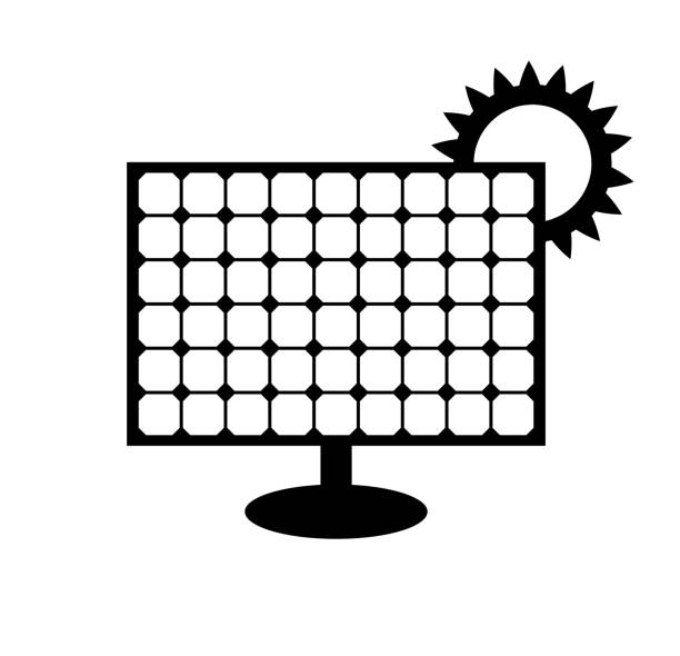 ilustraciones, imágenes clip art, dibujos animados e iconos de stock de icono del panel solar aislado sobre fondo blanco. símbolo vectorial de fuente de energía alternativa. pictograma negro con recurso de energía renovable con sol. concepto de electricidad ecológica. silueta simple signo. - solarpanel