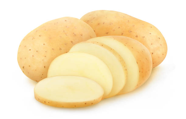 istock Isolated raw washed potatoes cut into pieces 1289616829