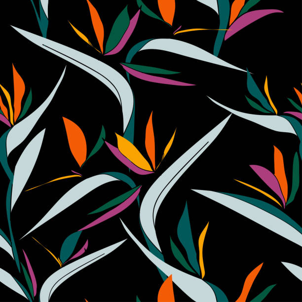 istock Tropical bird of paradise plants colorful pattern on black backgroun 1289618744