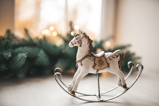 decorative toy horse in a festive christmas atmosphere