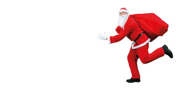 istock Santa Claus runs with a big red bag with gifts. Isolate. 1289620157