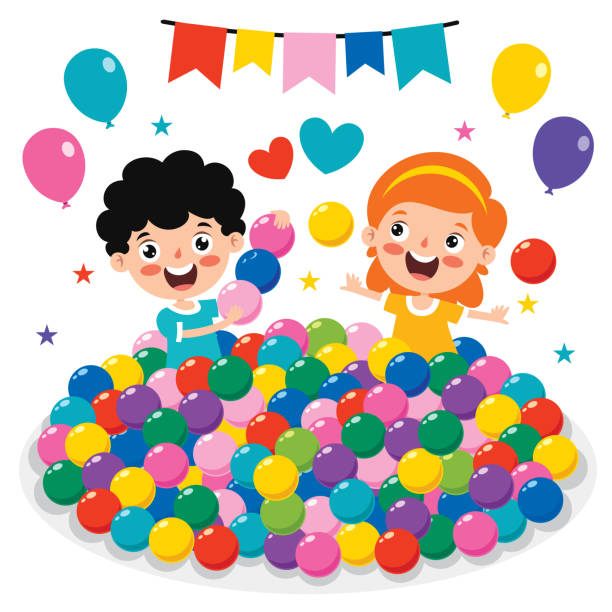 ilustrações de stock, clip art, desenhos animados e ícones de funny kid playing with colorful balls - ball pool