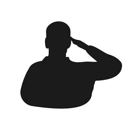 Saluting man black silhouette icon. Military honour gesture symbol. Isolated vector illustration.