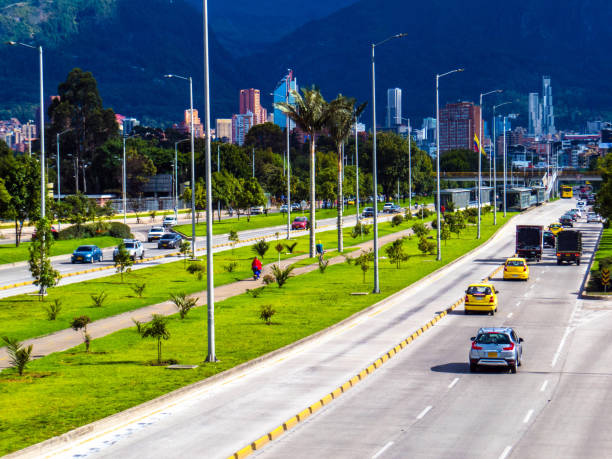 Multiple lane highway with buildings in background in Bogota - Colombia stock photo
