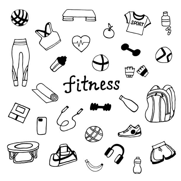 ilustrações, clipart, desenhos animados e ícones de conjunto de conceitos de fitness, academia, estilo de vida de atividade. estilo de esboço de doodle. - muscular build audio
