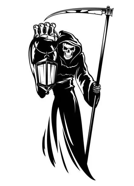 Vector illustration of Reaper with scythe and lantern, grim death print