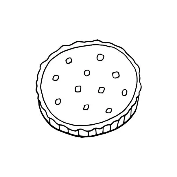 Vector illustration of Vector hand drawn quiche. French cuisine dish. Design sketch element for menu cafe, bistro, restaurant, bakery, label and packaging. Illustration on a white background.