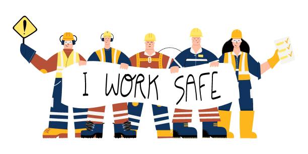ilustraciones, imágenes clip art, dibujos animados e iconos de stock de trabajadores industriales de la construcción con yo trabajo señal segura - near miss”