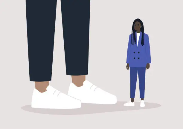 Vector illustration of Equality problem: a female Asian character standing next to a giant, sexism, racism, and misogyny at work