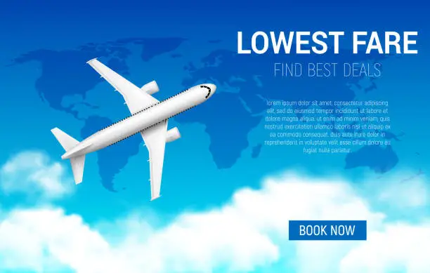Vector illustration of Lowest fare vector poster with realistic airplane