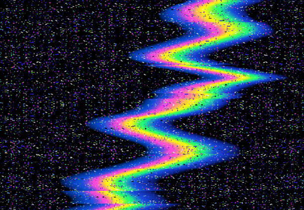 Glitch color wave, vector distorted glitched line Glitch color wave, vector distorted glitched curvy rainbow colored vertical line and neon glowing random pixels on dark abstract background. Television distortion with glitch effect, no signal screen tv glitch stock illustrations