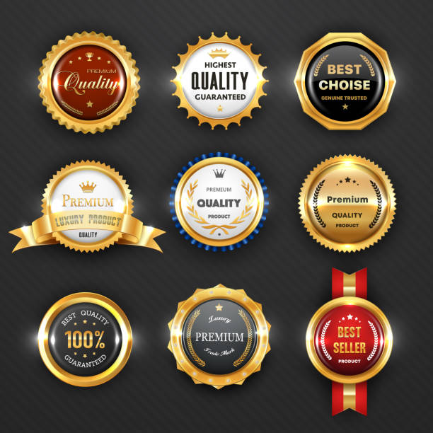 Gold badges, labels of premium quality, business Gold badges and labels, business vector design. Premium quality guarantee certificate, best choice product and seller award, 3d stamps, medals and ribbon rosettes with golden royal crowns, trophy cups high quality kitchen equipment stock illustrations