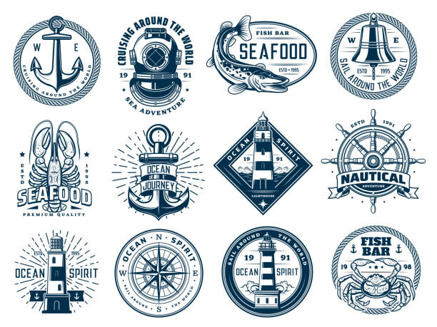 Nautical anchor, ship helm, lighthouse and fish Nautical anchor, ship helm, lighthouse and fish, vector marine wave icons or t-shirt prints. Ocean sailing navigation compass, seafood bar lobster crab and retro aqualung sign for sea diving club bellcaptain stock illustrations