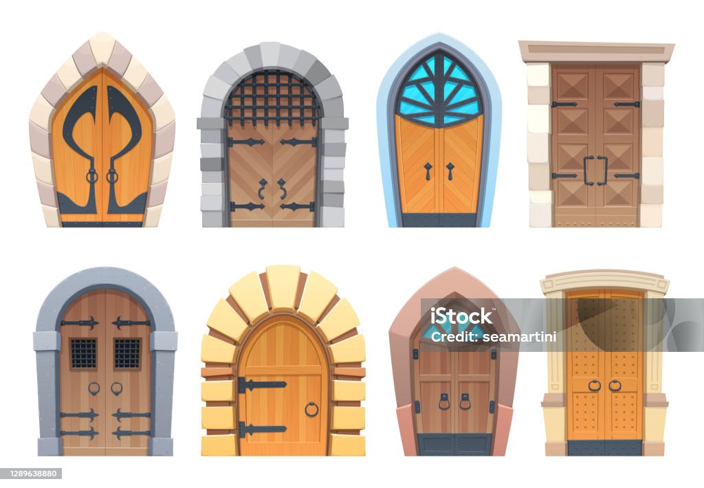 Cartoon Gates And Doors Wooden And Stone Entries Stock Illustration -  Download Image Now - Door, Wood - Material, Cartoon - iStock