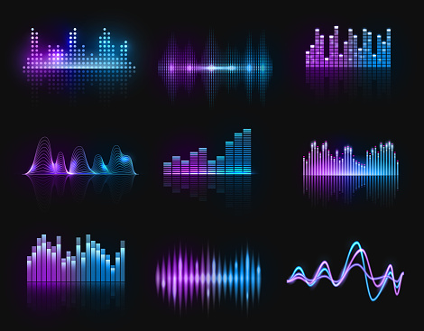 Music equalizers, vector audio or radio waves, sound frequency neon track lines. Digital player display waveform, hud technology for tune bar, soundwave recorder signal. Song studio pulse isolated set