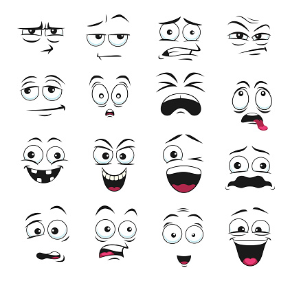 Face expression isolated vector icons, cartoon funny emoji suspicious, scared and shocked, grin, smirk or crazy. Facial feelings smile, laughing and yelling, surprised, toothy and upset emoticons set