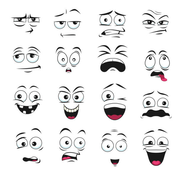 Face expression isolated vector emoticons icons Face expression isolated vector icons, cartoon funny emoji suspicious, scared and shocked, grin, smirk or crazy. Facial feelings smile, laughing and yelling, surprised, toothy and upset emoticons set cartoon human face eye stock illustrations
