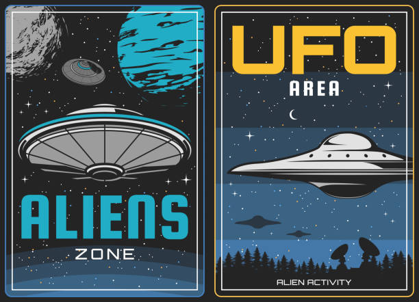 UFO aliens and outer space, universe planets UFO aliens and outer space, universe planets, vector vintage poster. Aliens invasion and galaxy mystery science, fiction life in sky, UFO spacecraft or spaceship in moon, abduction and aliens attack alien invasion stock illustrations